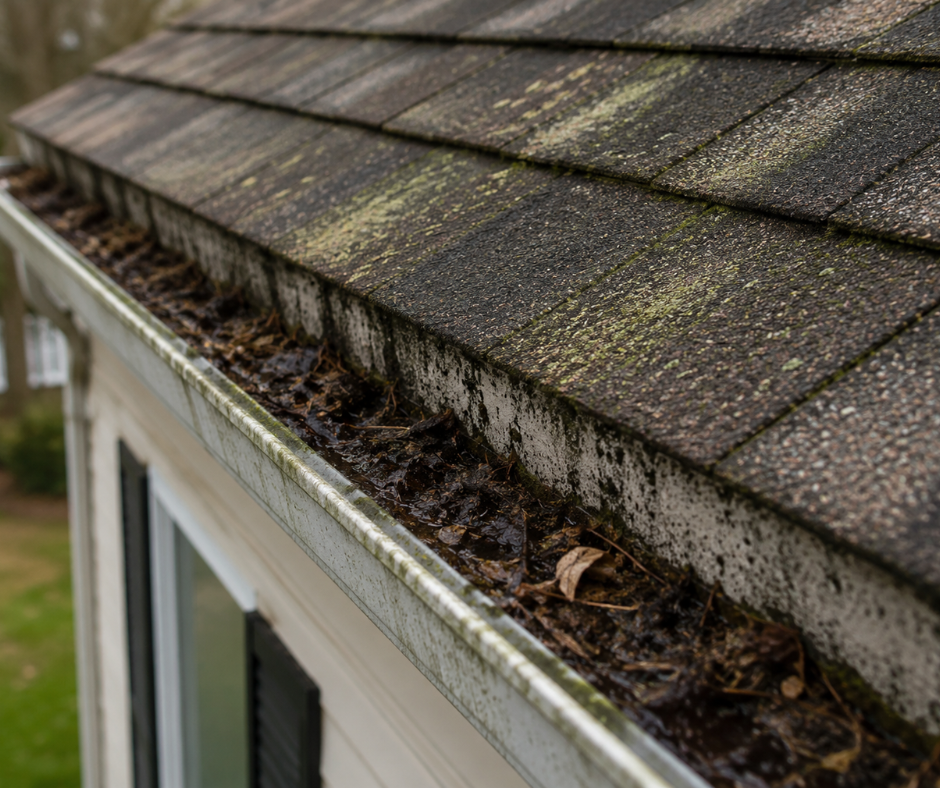 A detailed shot of a roof corner showing dark algae streaks and leaf debris in the gutter, highlighting the need for maintenance.