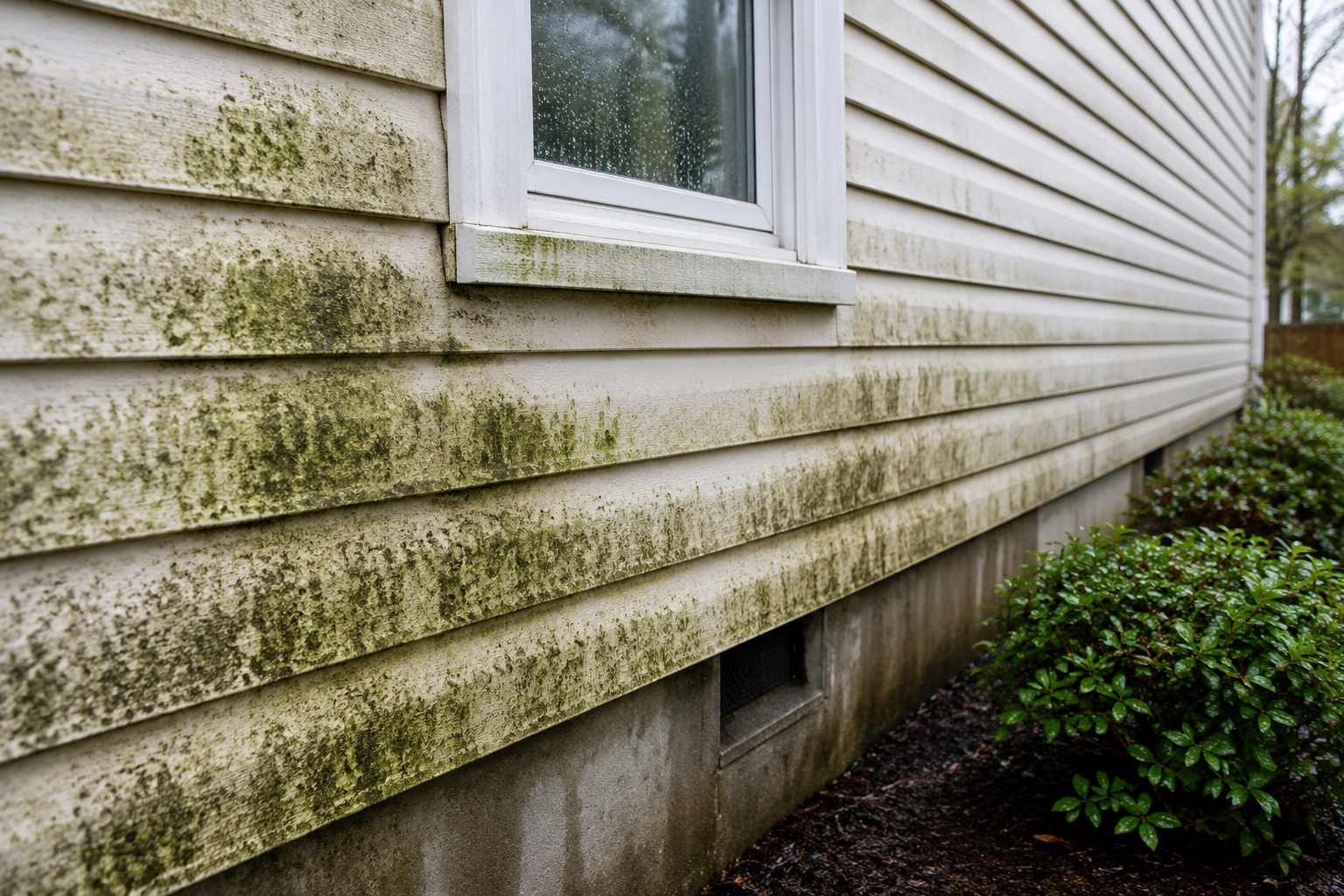Green and black mold growth covering vinyl siding on the exterior of a residential home, showing moisture damage and organic staining that can be safely removed with professional soft washing.