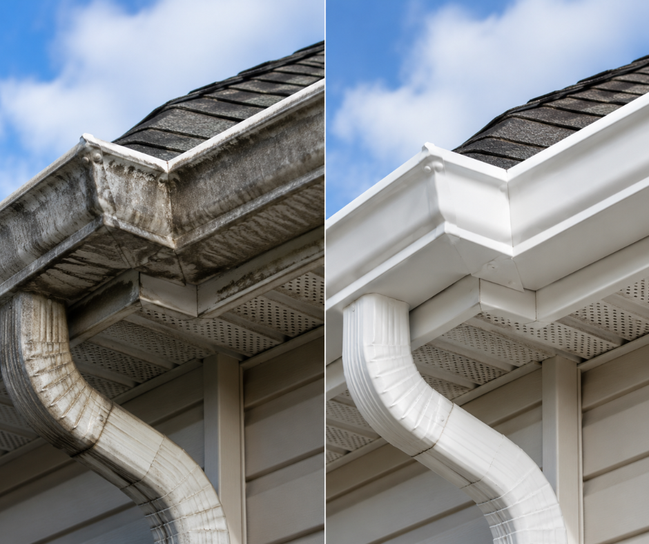 Close-up of professionally brightened white gutters and fascia on a residential home, showcasing a clean finish free of oxidation stains, black streaks, and discoloration.