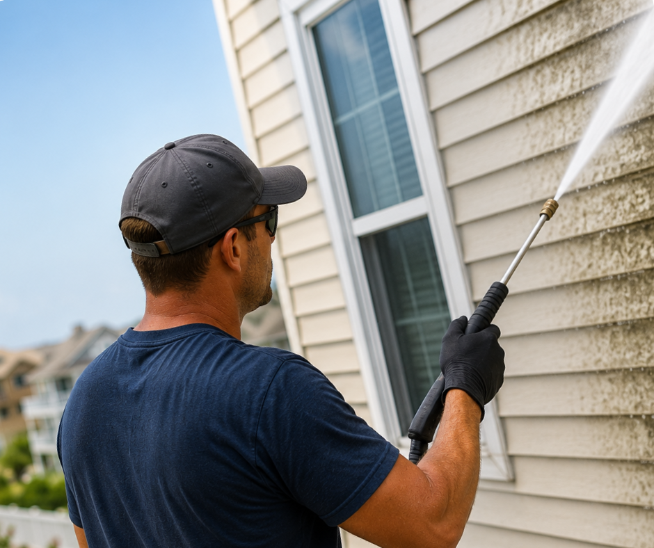 Technician pressure washing dirty vinyl siding on a coastal Virginia Beach home