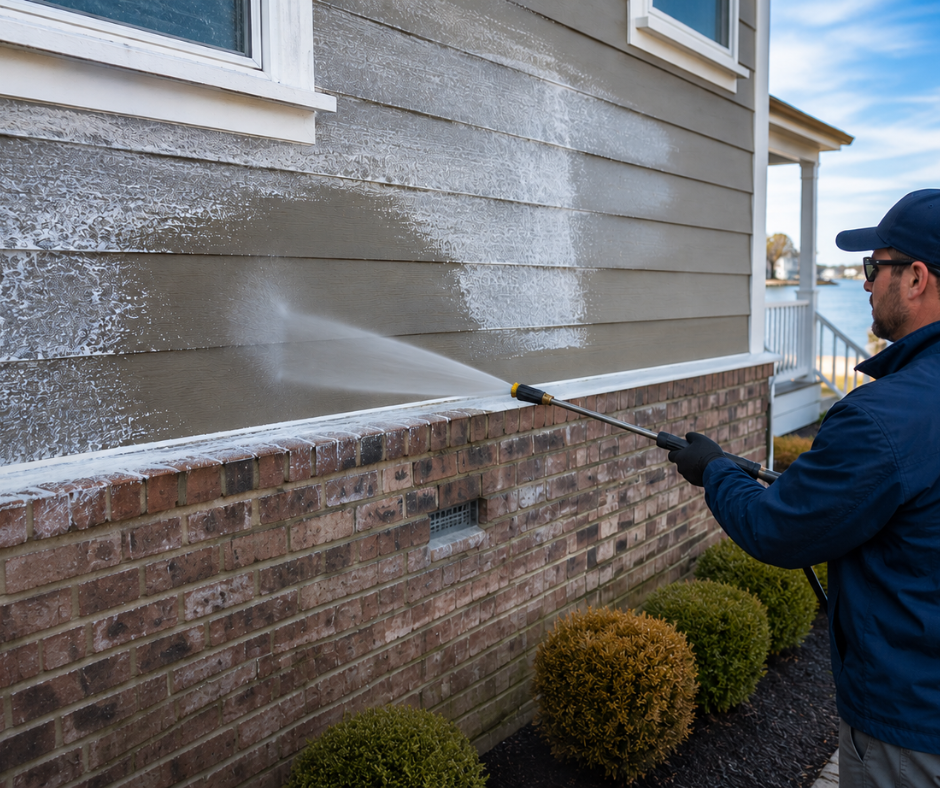 A professional exterior cleaning technician power washing a home’s siding and brick foundation, removing white salt residue under bright daylight near a waterfront.