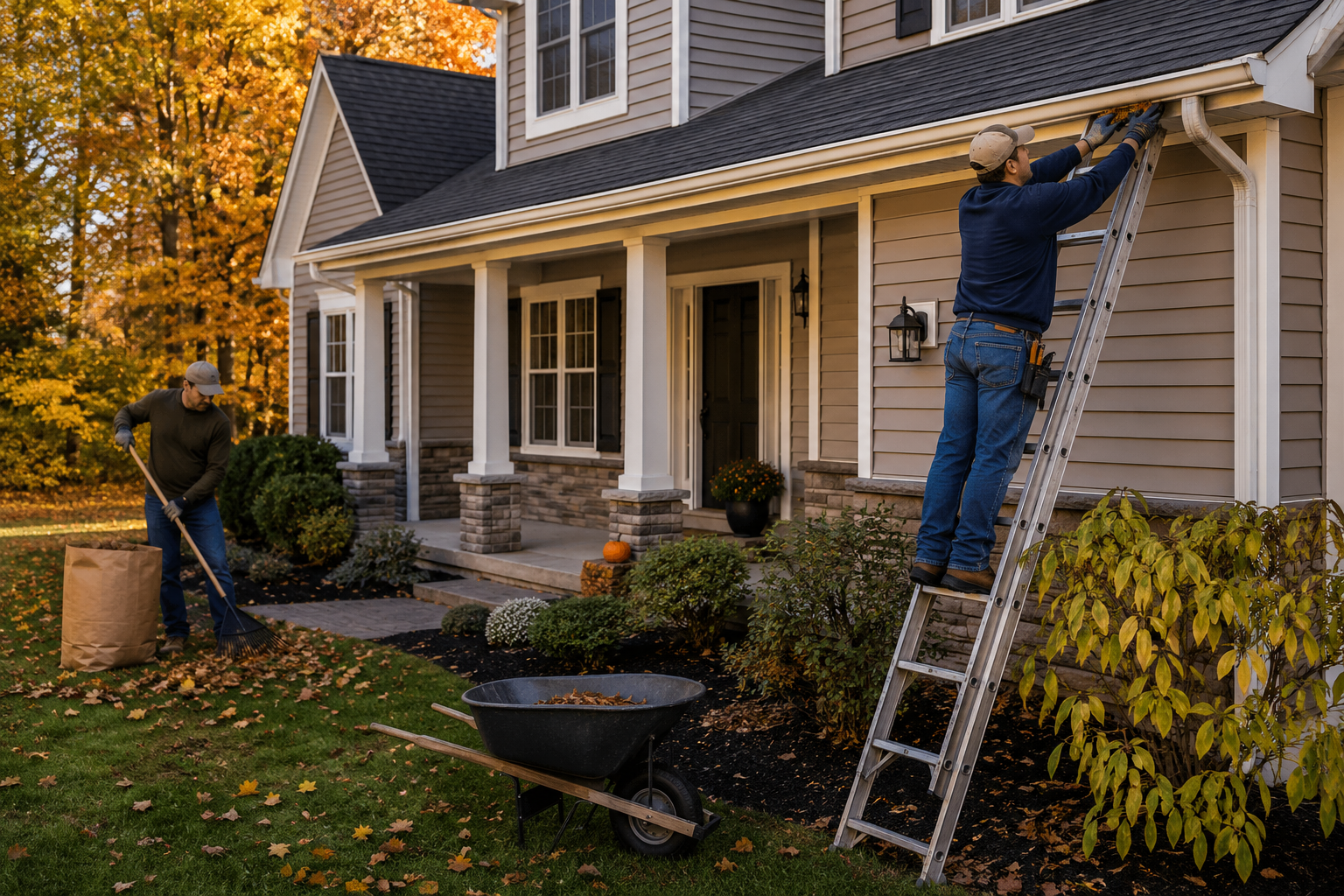Two homeowners performing fall exterior maintenance, with one cleaning the gutters from a ladder while another rakes leaves near a suburban home surrounded by autumn trees.